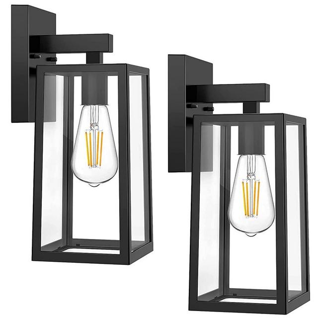 Outdoor Wall Sconce, Exterior Waterproof Wall Lantern Light Fixtures, Black Porch Lights with Toughened Glass Shade, Anti-Rust E26 Socket Front Door Wall Mount Lighting for Garage, 2 Pack