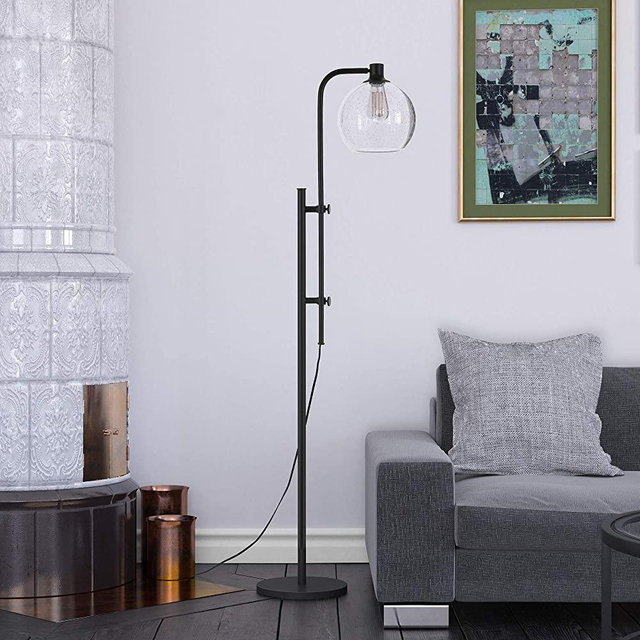 Antho Height-Adjustable Floor Lamp with Glass Shade in Blackened Bronze/Seeded