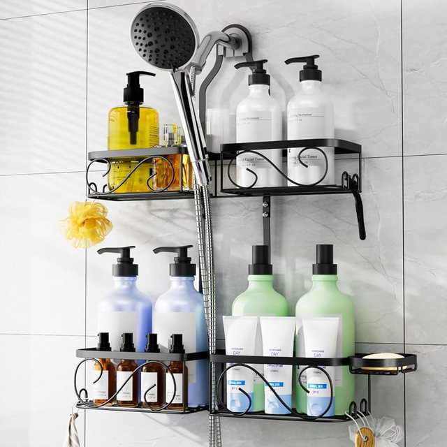 Kadolina Shower Caddy Hanging for Handheld Showerheads, Rustproof Stainless Steel Shower Organizer, Bathroom Organizer Rack with Soap Dish, Over The Showerhead Caddy with Hooks for Razor/Sponge, Black