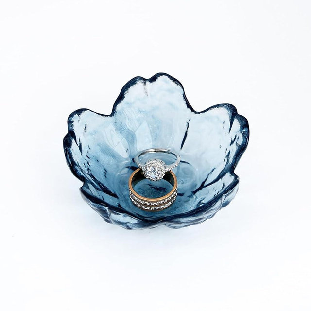 BIHOIB Crystal Blue Flower Ring Dish Jewelry Tray, Decorative Glass Trinket Dish, Modern Accent Tray for Vanity
