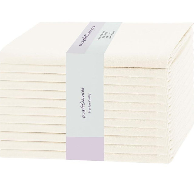 PurpleEssences Set of 12 Cloth Dinner Napkins 100% Cotton 18x18 - Soft Durable Washable - Ideal for Farmhouse Party Spring and Summer - Perfect Everyday Use Table Linen - Cream