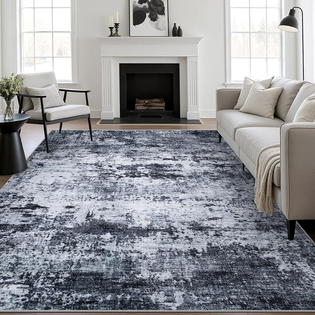 10x12 Area Rug Living Room Rug: Washable Modern Abstract Soft Thin Rug Indoor Floor No Slip Stain Resistant Carpet for Bedroom Dining Room Farmhouse Nursery Home Office - Black