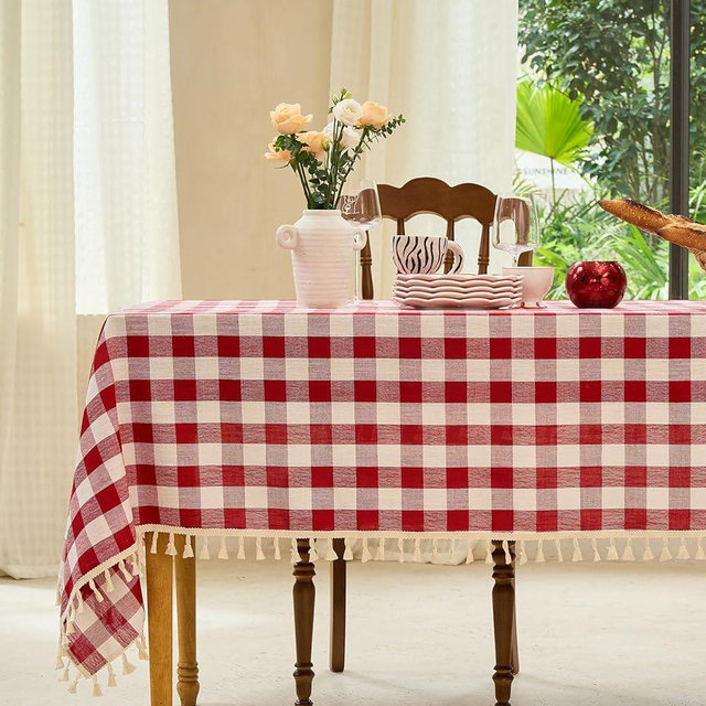 Midsummer Breeze Rectangle Tablecloth - Rustic Gingham Buffalo Plaid Table Cloth for Thanksgiving Christmas Kitchen Dining Room (55x84 Inch, Red and White)