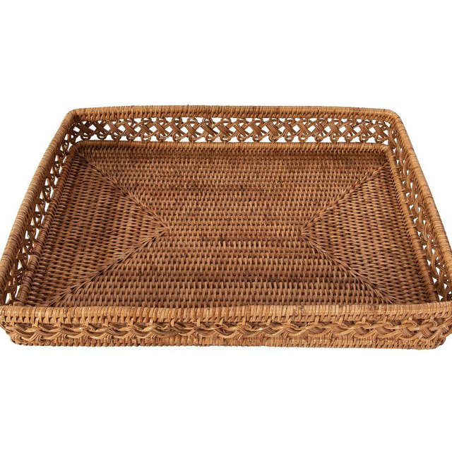 Handwoven Tava Braided Rattan Rectangular Tray, 17” - Honey Brown