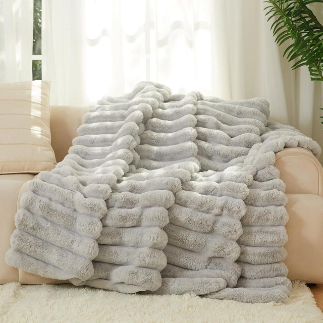 The Nantucket Blanket - Faux Fur Pillar Blanket 60"x70" Pebble Grey - Luxuriously Soft Cozy Warm Gift for Women, Plush Silky Fuzzy Heavyweight Reversible Design Home Decor
