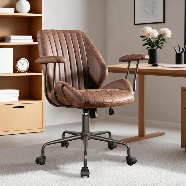 ovios Ergonomic Home Office Chair, Mid-Century Modern Leather Chair, Mid Back Swivel Rolling Executive Chair with Armrest Wheels, Comfy Task Computer Desk Chair (Dark Brown, Suede Leather)