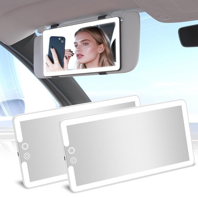 2PCS Car Visor Vanity Mirror with Lights, Rechargeable Dimmable Touch LED Sun Visor Mirrors, Large Detachable Vanity Makeup Mirror with 3 Color Modes for Truck SUV Car Accessories for Women(White)