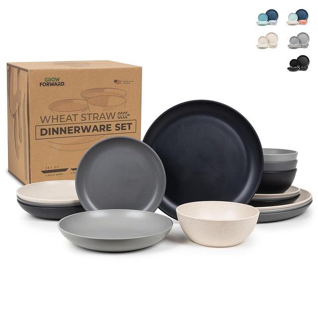 Grow Forward 16-piece Premium Wheat Straw Dinnerware Sets for 4 - Dinner Plates, Dessert Plates, Pasta Bowls, Cereal Bowls - Microwave Safe Plastic Plates and Bowls Sets, Kitchen Dishes - Moonlight