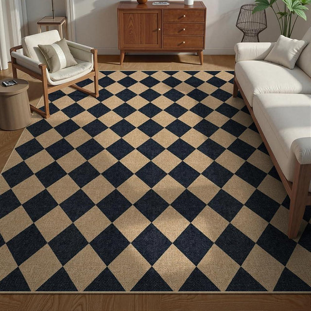 Lanffia Checkered Easy Jute Washable Rugs 8x10, Black Living Room Rug for Dining Room Diamond Indoor Outdoor Carpet, Large Non Slip Low Pile Farmhouse Checkerboard Rug for Classroom Patio