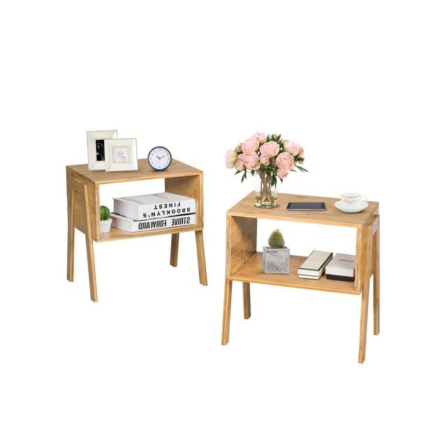 Costway Set of 2 Bamboo Nightstand Stackable Sofa Table Bedside Table with Storage Shelf