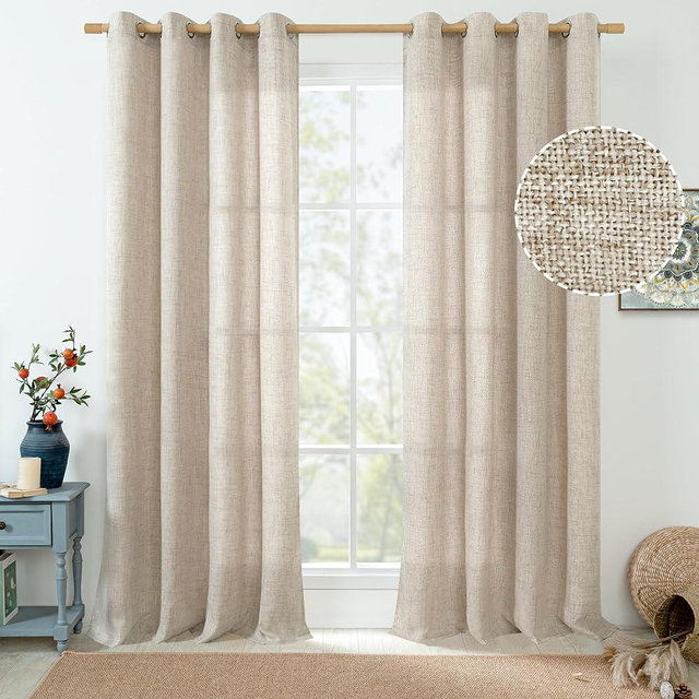 QUEMAS Linen Curtains for Living Room 84 Inch Length 2 Panels Set, Light Filtering Thick Burlap Window Curtains for Bedroom Privacy, Grommet Farmhouse Semi Sheer Drapes, Each 52 Inch Wide,Natural