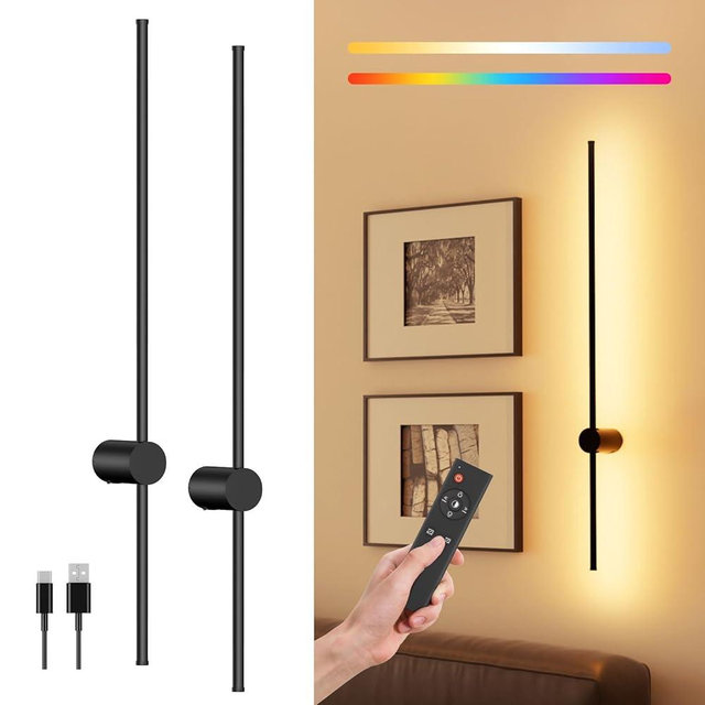 PopoIron 40" Battery Operated Wall Sconce, 10000mAh Rechargeable Wireless Sconces Set of 2, Dimmable Wall Sconces with Remote Control, 18 Color Modes Non Hardwired Wall Sconces, 10 Hours Using Time
