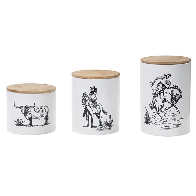 Paseo Road by HiEnd Accents | Ranch Life Western Canister Sets for Kitchen Counter, Set of 3 Kitchen Canisters for Countertop, Horse Cowboy Cow Longhorn Themed Ceramic Food Storage Jars with Lids