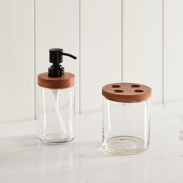 Clover Wood and Glass Bath Accessories Set, Soap Pump and Toothbrush Holder, Set of 2