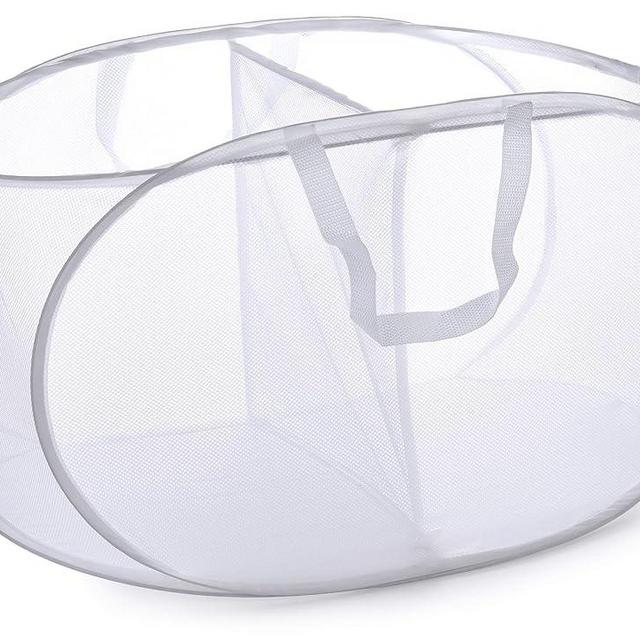 Handy Laundry Popup Laundry Basket, Two Compartments, Durable Mesh Material, Folds for Storage, Easy Carry Handles, Great for College Dorm Laundry Room or Travel, (White)