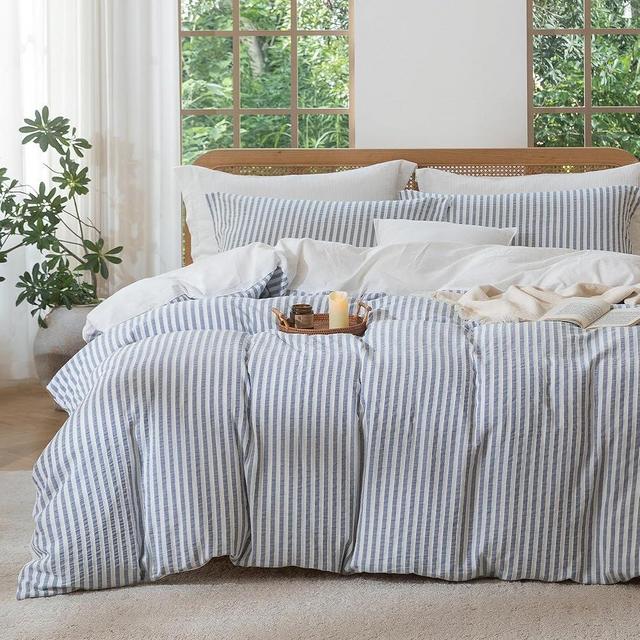 MILDLY Blue Striped Duvet Cover - 100% Washed Cotton Jacquard Boho Textured Comforter Cover 3pcs with Zipper Closure 90"x90"