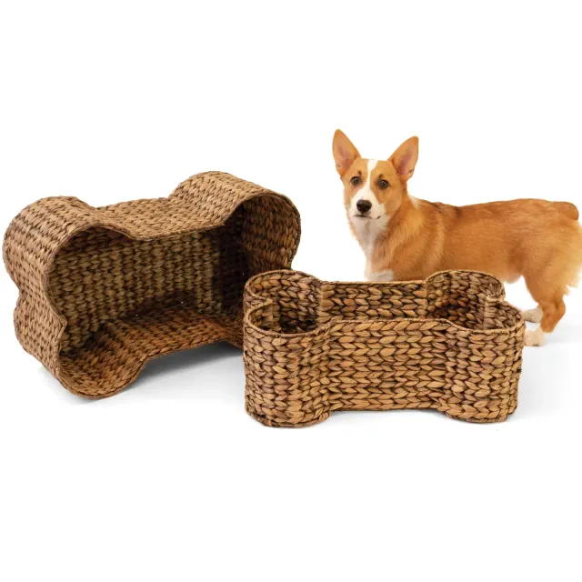 THE LICKER STORE Digby Bone-Shaped Large Hand Woven Water Hyacinth Nesting Pet Toy Organizer Baskets, Brown