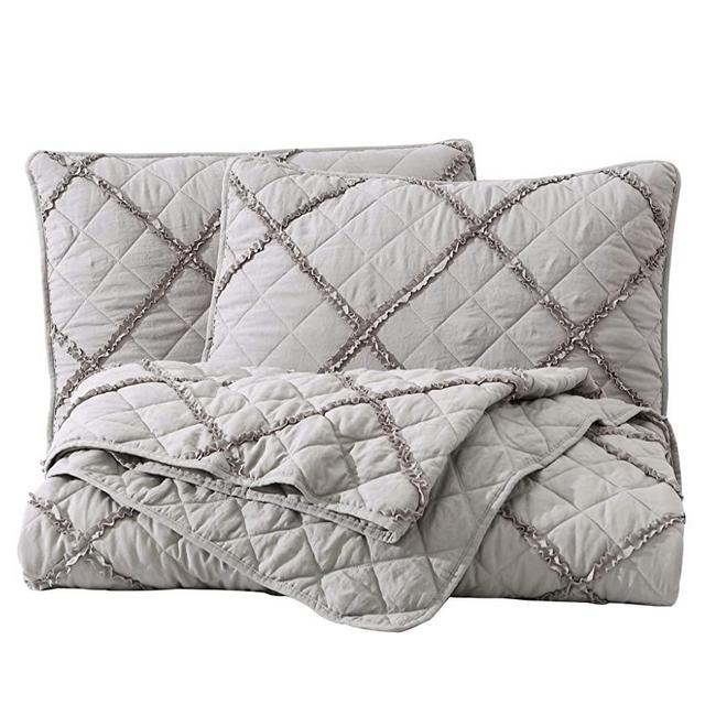 Chezmoi Collection Annabelle 3-Piece Diamond Ruffle Quilt Set - Soft Washed Microfiber Lightweight Quilted Bedspread Set (Queen, Gray)