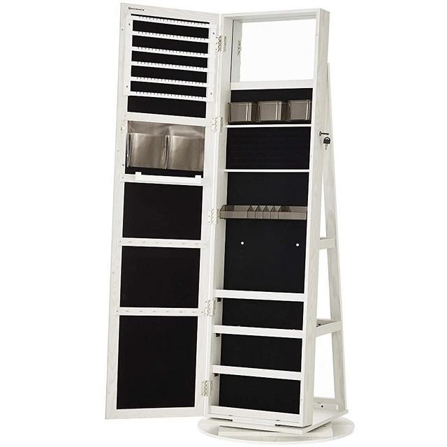 SONGMICS 360° Swivel Jewelry Cabinet, Lockable Jewelry Organizer with Full-Length Mirror, Rear Storage Shelves, Built-in Small Mirror, Jewelry Armoire, for Women, White UJJC006W01