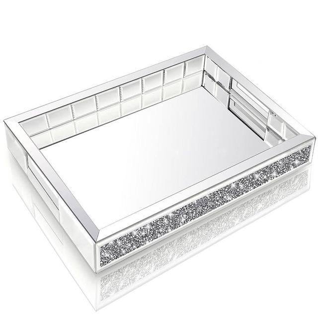 Wocred Mirror Jewelry Organizer fits Dresser Bedroom,Crushed Diamond Bathroom Tray with Handles,Perfume Tray,Decorative Serving Tray for Coffee Table Decor(11”x15”x2”)