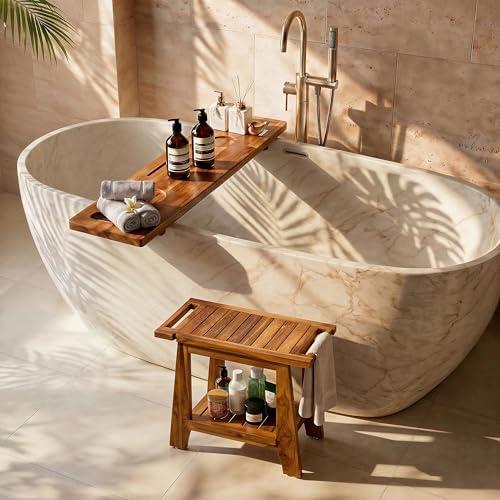 Tinamo Combo 22" L Teak Shower Bench and 39" Acacia Bathtub Caddy