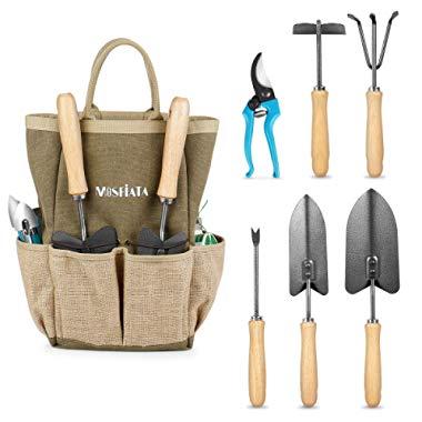 MOSFiATA Garden Tools Set, 12 Pieces Gardening Tools Ergonomic Oak Handle and Heavy Duty Hoe Rake Trowel Transplanter Weeder Professional Pruner Sprayer Rope Kit with Organizer Bag for Kids Women Men