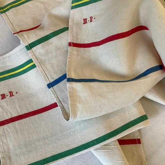 Pair (2) Vintage French DESCAMPS L'AINE Torchon Tea Kitchen Towel Stripe Mono MN