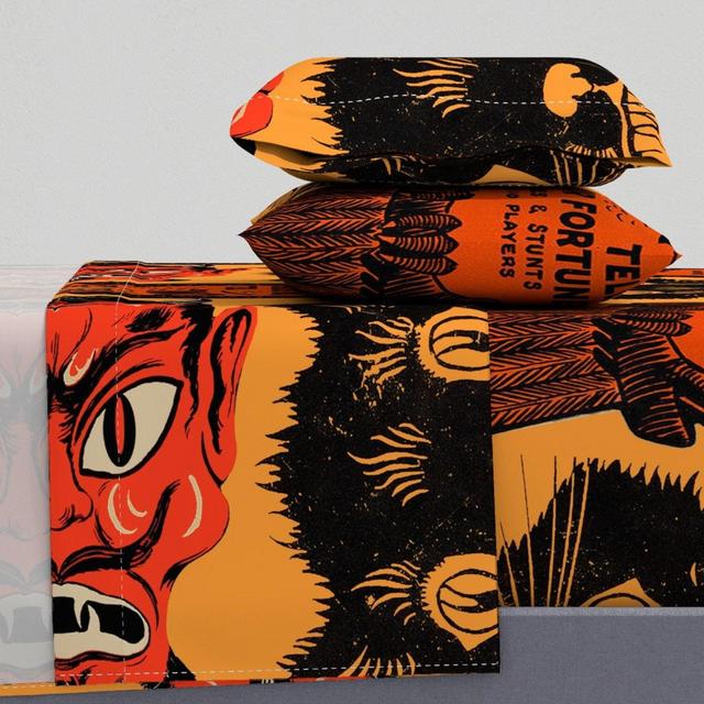 Orange Sheets - Vintage Halloween Prints by heidikenney - Vintage Halloween Owl Cat Spooky Cotton Sateen Sheet Set Bedding by Spoonflower