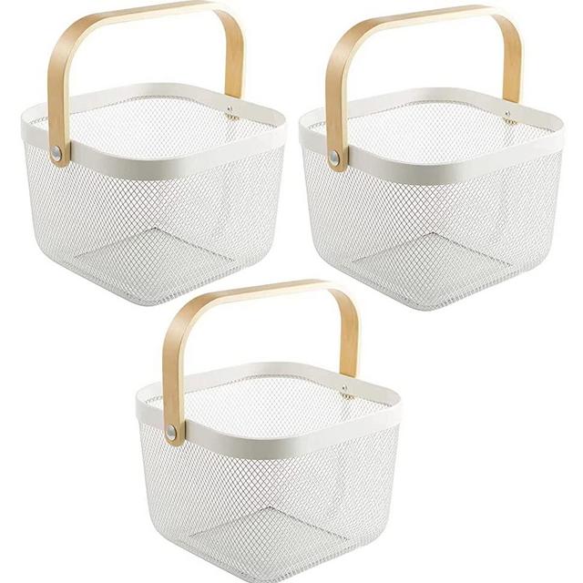 AJIODA 3 Pack Metal Mesh Steel Basket, Storage Organizer Basket Multi-function Hanging Kitchen Baskets Fruit Basket Bin with Wood Handle for Kitchen Bathroom Picnic Cabinet Home Decor, 3PCS-White