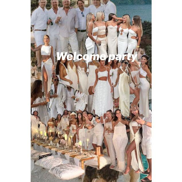 Examples of men and women's cocktail attire for the all-white welcome party.