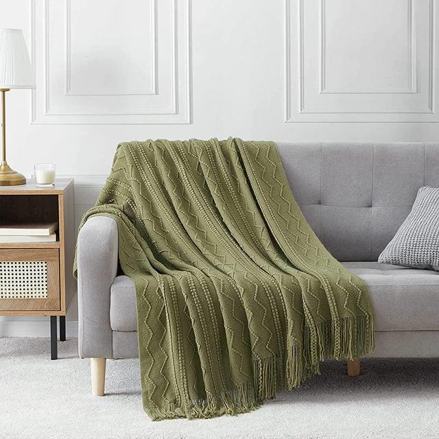 BOURINA Throw Blanket Textured Solid Soft Sofa Throw Couch Cover Knitted Decorative Blanket, 50"x60" Olive