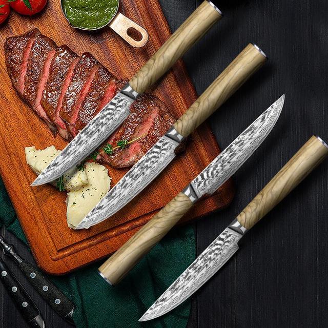 4 Pieces Steak Knife Set, Japanese Damascus Steel, Olive Wood Handle
