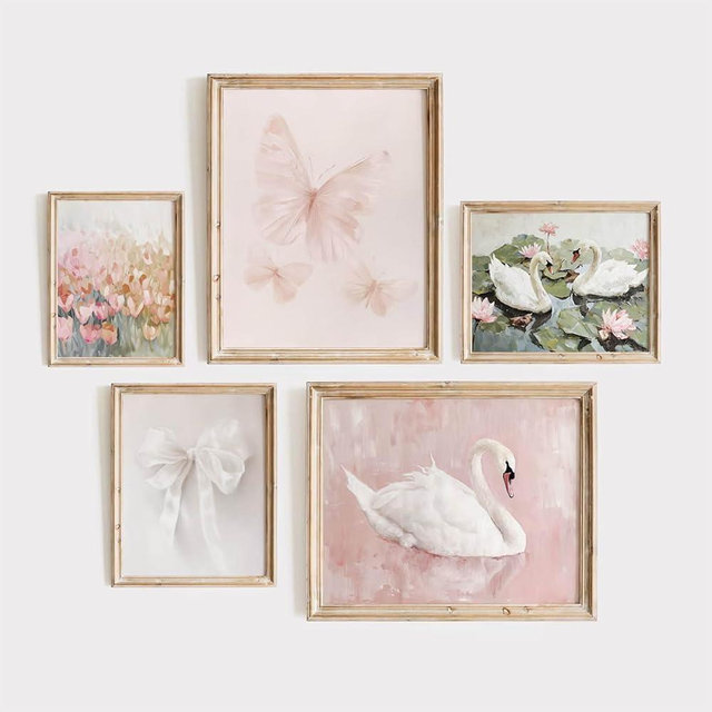 Coquette Pink Wall Art Decor Swan Posters Bow Flower Canvas Wall Art Preppy Cute Pictures Trendy Butterfly Posters Coquette Aesthetic Prints for Girl Dorm Room Bedroom 8x10x5 Inch Unframed
