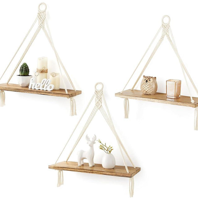 Mkono Macrame Hanging Shelves Boho Wall Decor Set of 3 Rustic Wood Floating Storage Shelf for Bedroom Bathroom Living Room Nursery Dorm Room, Display Shelving for Hanging Plants Photos