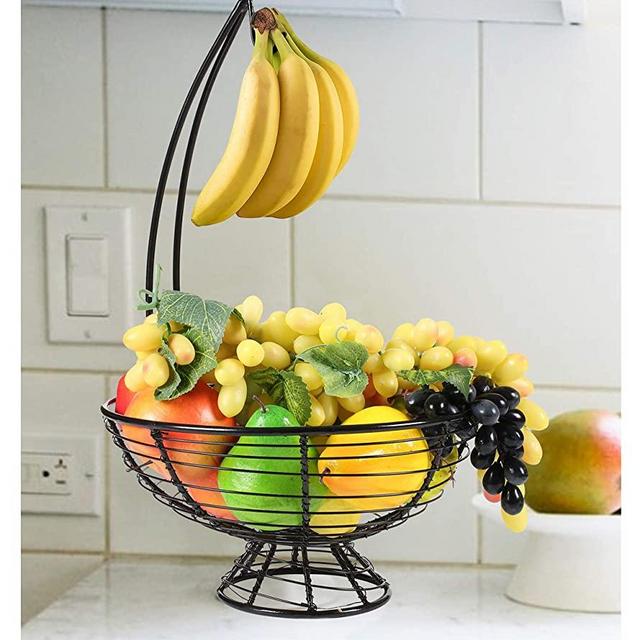 Fruit Basket With Banana Hanger- Metal Cast Iron Black, Farmhouse Fruit Bowl With Banana Holder Tree| Vegetable and Fruit Holder With Detachable Banana Stand| Fruit Bowl For Kitchen Counter