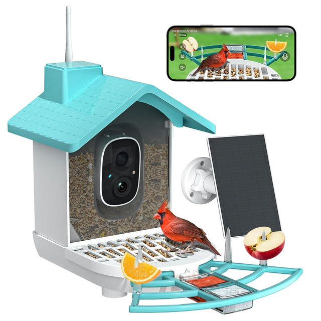 Byranke Smart Bird Feeder with Camera, Bird Feeders for Outdoors with Solar Panel, Bir d Feeder Camera with Al Bir d Identification, Squirrel Proof Bir d Feeders, Idea Gift for Bir d Lovers, Blue