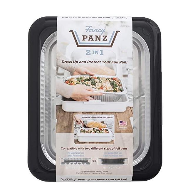 Fancy Panz 2-in-1 Dress Up & Protect Your Foil Pan, Made in USA, Fits 2 size of foil pans. Foil Pan & Serving Spoon Included. Hot or Cold Food. Stackable for easy travel. BPA free (Charcoal)