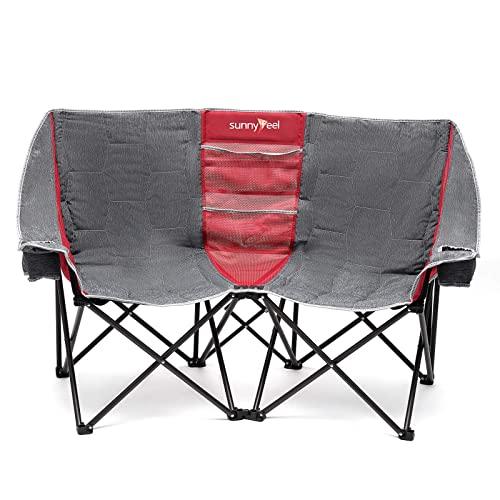 SUNNYFEEL Double Folding Camping Chair, Oversized Loveseat Chair, Heavy Duty Portable/Foldable Chair with Storage for Outside/Outdoor/Lawn/Travel/Picnic, Fold Up Camp Chair for Adults, 2 People