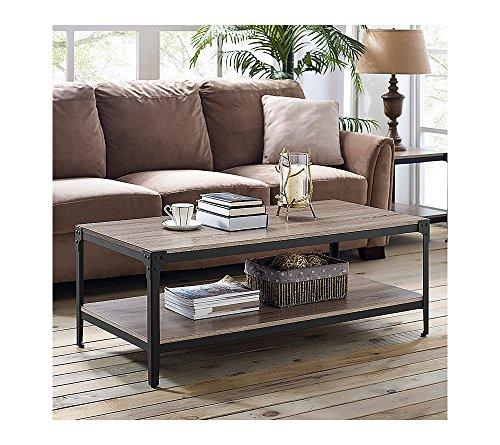 Walker Edison Furniture Company Rustic Farmhouse Rectangle Wood and Metal Frame Coffee Accent Table Living Room 2 Tier Storage Shelf, 46 inch, Driftwood
