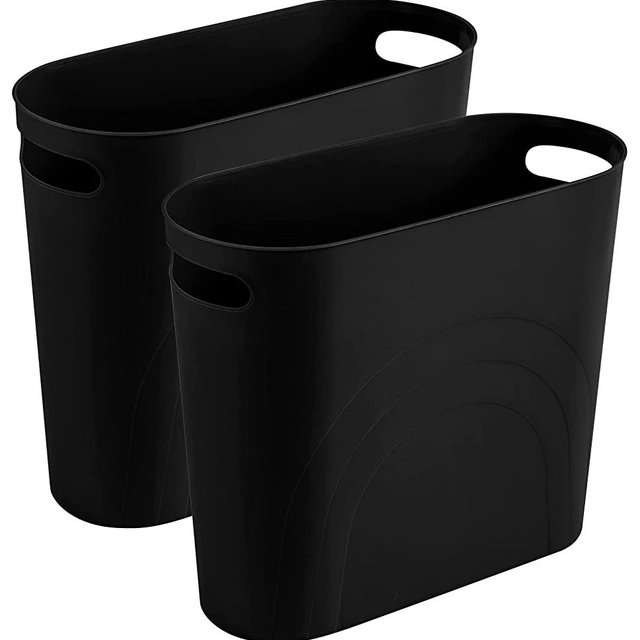 Small Trash Can, Slim Garbage Can Plastic Waste Basket with Handles 3.5 Gallon Container Bin for Narrow Spaces Bathroom, Bedroom, Kitchen, Office at Home, 2 Pack Black