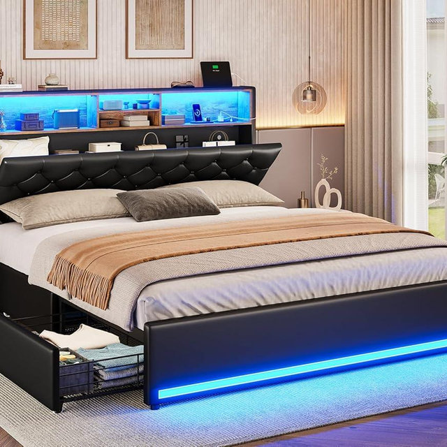 BTHFST Queen Bed Frame with 4 Drawers & Hidden Storage Headboard, LED Bed Frame Queen Size with Charging Station, Upholstered Bed with Metal Slats, No Box Spring Needed, Black PU