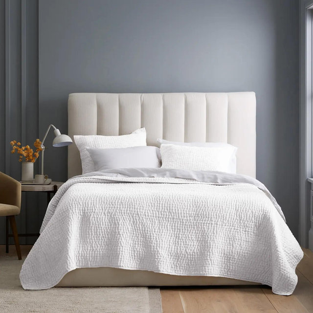 European Linen Cotton Stitch Quilt Set - White, Full/Queen