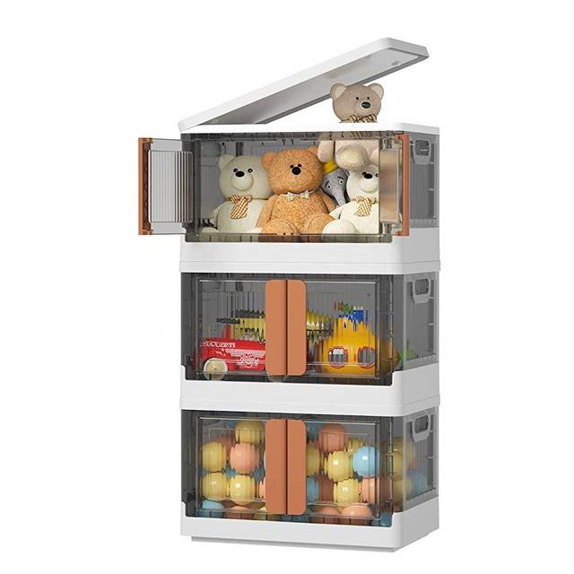 Storage Bins with Lids - Collapsible Storage Bins, Clear Black Wardrobe Closet Organizer, 8.4Gal Stackable Toy Storage, Foldable Plastic Storage Container with Door, Crate for Book Storage (3 Pack)