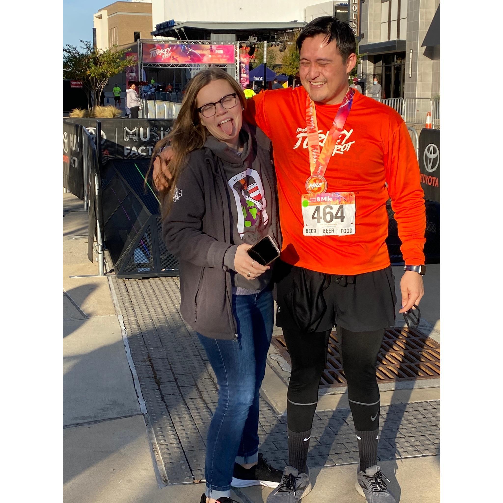 One of us ran 8 miles. The other got coffee. You guess who's who.