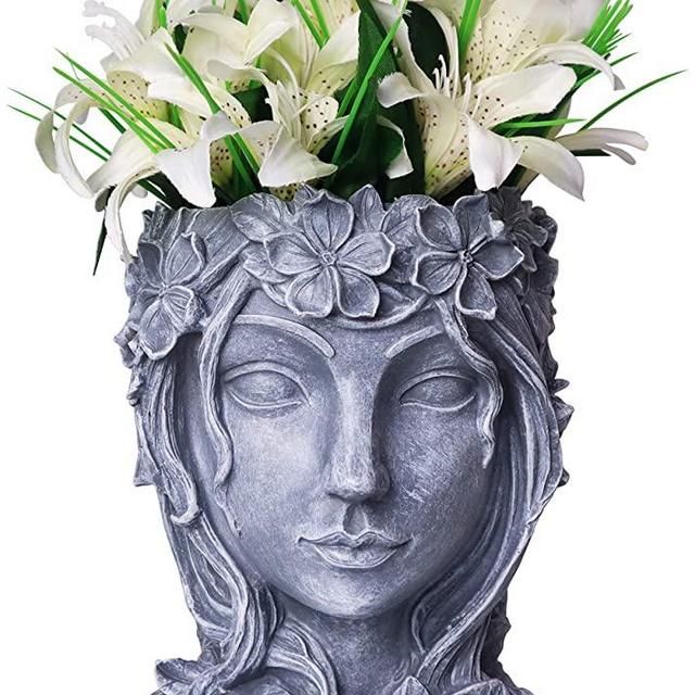 Head Planter Face Flower Pot Decorative Girl Statue Planter Pot Indoor Outdoor Resin Girl Face Shape Flower Vase Container Planter (Grey)