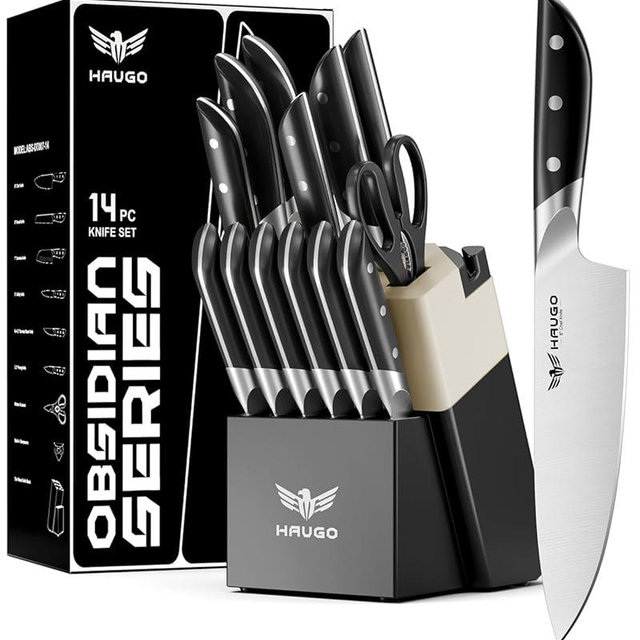 Knife Set - Haugo 14 PCS German Stainless Steel Kitchen Knife Sets with Block and Sharpener - Full Tang Knife Block Set and Ergonomic Handle - Elegant Black- Obsidian Series