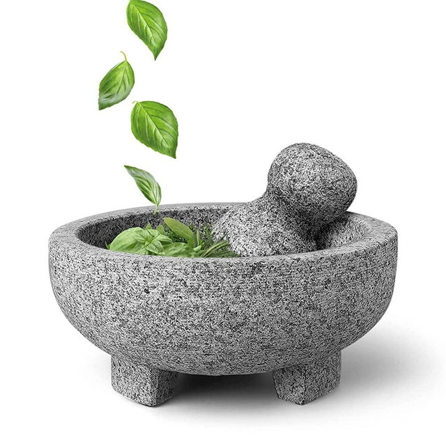 Flexzion Granite Mortar and Pestle Set - Solid Granite Stone Grinder Bowl Holder 6 Inch Molcajete For Guacamole, Herbs, Spices, Garlic, Kitchen, Cooking, Medicine