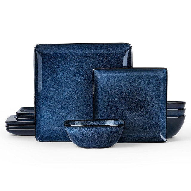 E-far Square Plates and Bowls Sets, 12-Piece Stoneware Dinnerware Sets for 4, Reactive Glaze Dish Set, Chip and Scratch Resistant, Microwave and Dishwasher Safe, Deep Sea Blue