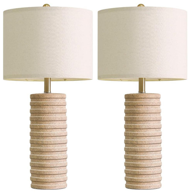 PoKat 27" Stone-Like Farmhouse Ceramic Table Lamps Set of 2 for Bedroom, Boho Nightstands Lamps for Night Stands, Distressed Beige Bedside Lamps with Natural Textured for Living Room, Sand-Colored