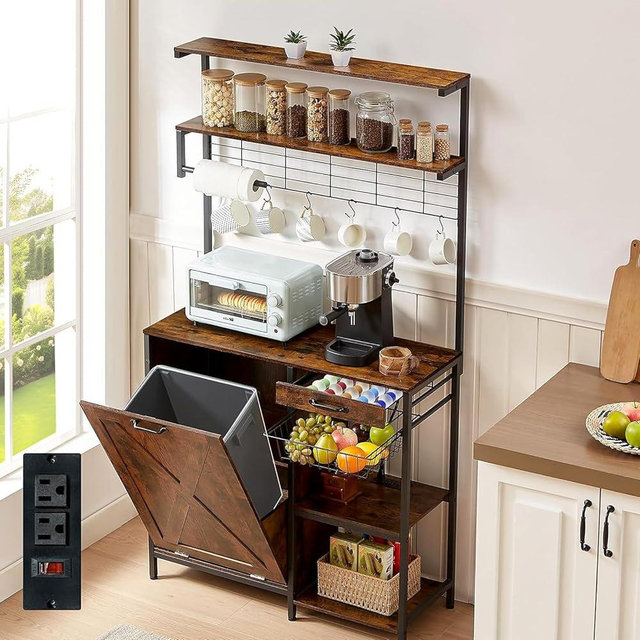 Tatub Farmhouse Bakers Rack with Trash Can Storage, Tilt Out Trash Can Cabinet 10 Gallon with Coffee Pod Drawer, Kitchen Island Microwave Coffee Bar Table with Garbage Bin and Fruit Basket